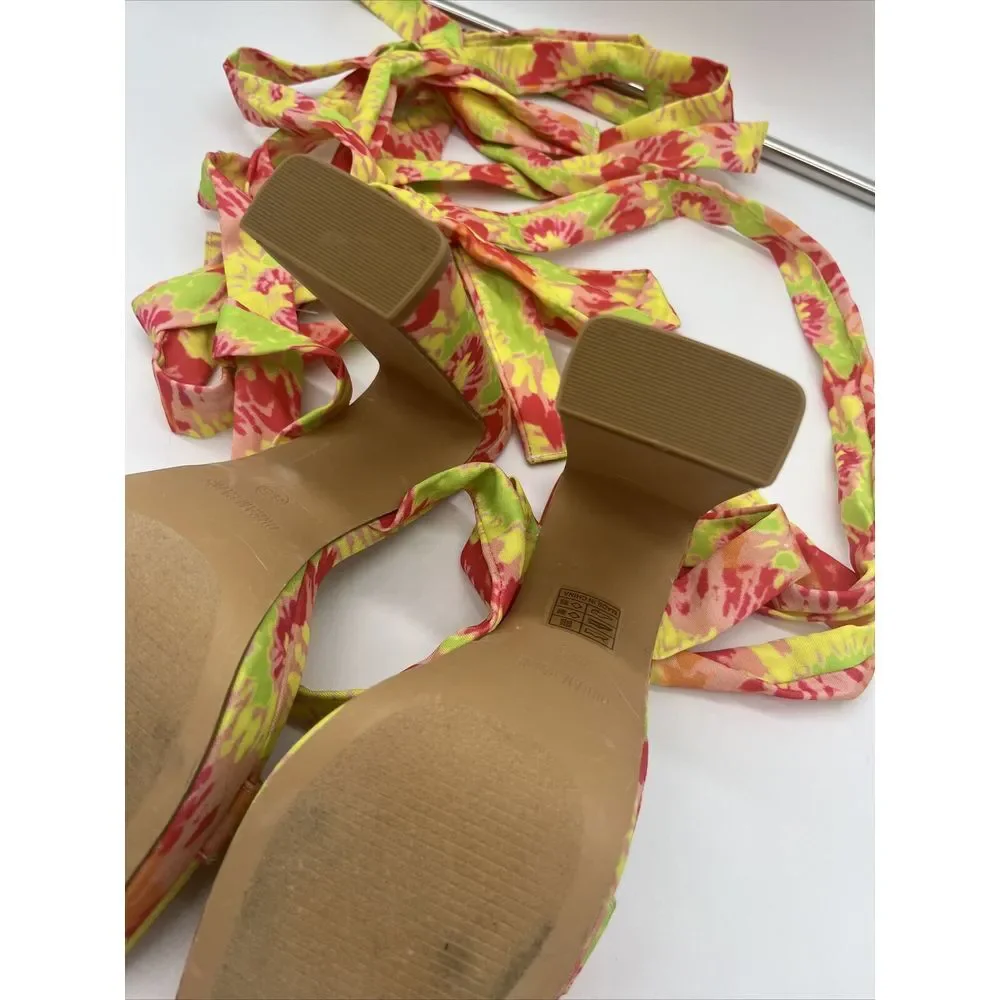 DREAM‎ PAIRS Women Heel Pump Sandals Leg Wrap Up Yellow Green Pink Tie-dye 8.5